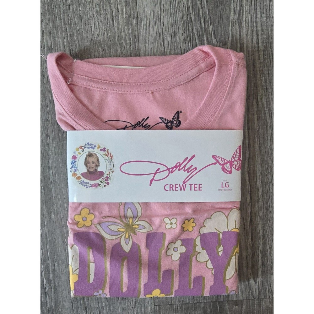 Dolly Parton Crew Tee Shirt Size Large Pink 2026 Licensed ~ Butterfly Floral NWT
